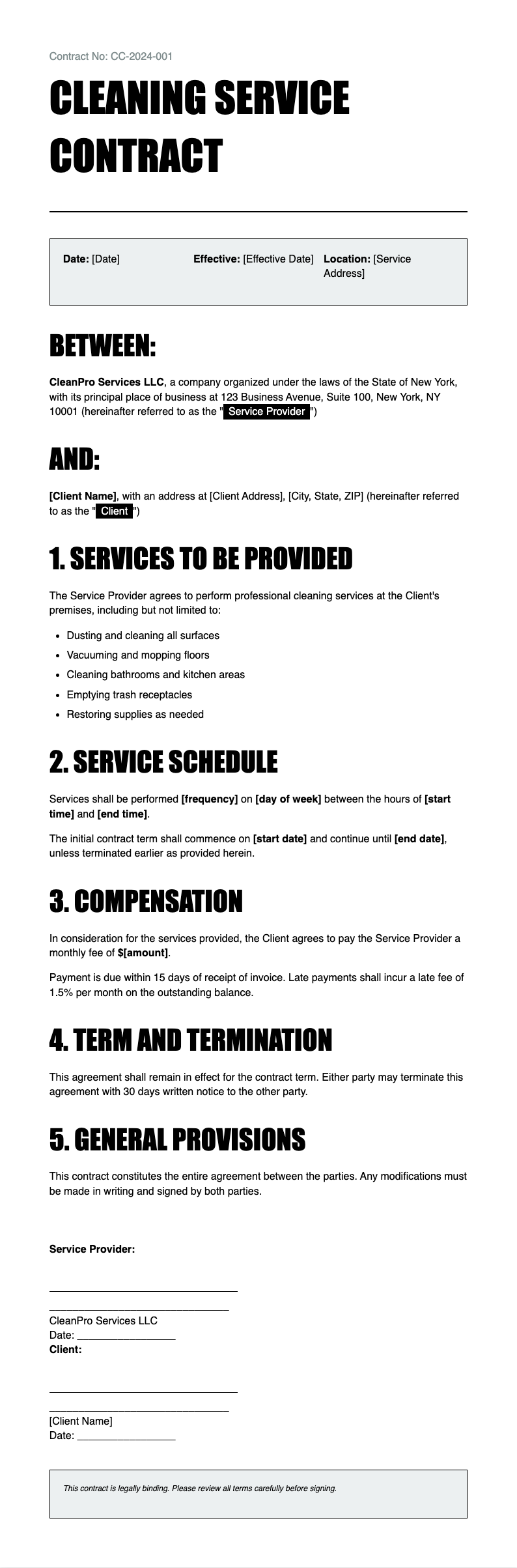 Minimal monochrome cleaning contract